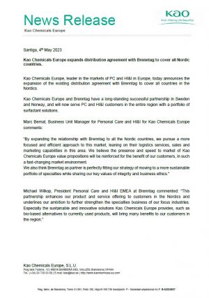 Kao Chemicals Europe expands distribution agreement with Brenntag to cover all Nordic countries.